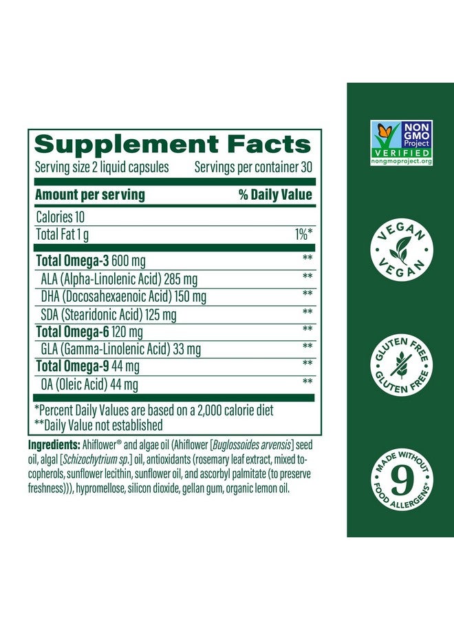 MegaFood Vegan Omega 3 6 9 - Burp-Less Supplement - 600 mg Plant-Based Omega-3 & 150 mg DHA Per Serving - Heart, Brain, Vision & Joint Support - Fish Oil Alternative - 60 Capsules, 30 Servings - Image 2