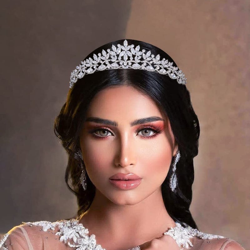 FASNAHOK تاج زفاف فضي من فاسنهوك مزين بكريستالات زيركون مكعبة للعروس، تيجان زهور للأميرات، إكسسوارات شعر لعيد الميلاد 16 للفتاة - Image 2