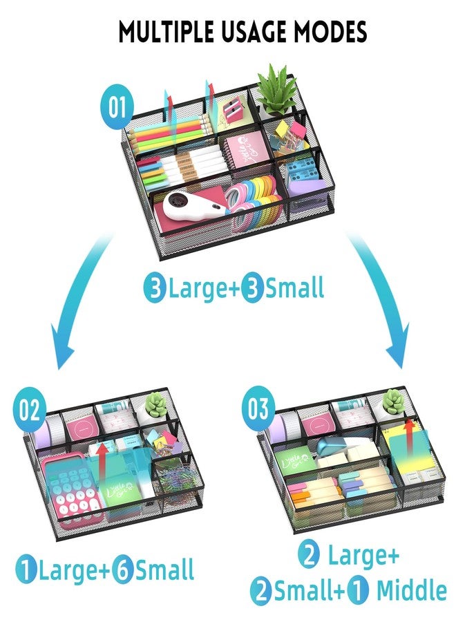 SUPEASY 2 Pack Mesh Drawer Organizer, Metal Desk Drawer Organizer Tray with 8 Adjustable Compartments, Desk Organizers and Accessories for Office Supplies, Kitchen, Makeup & Vanity (Black) - Image 5