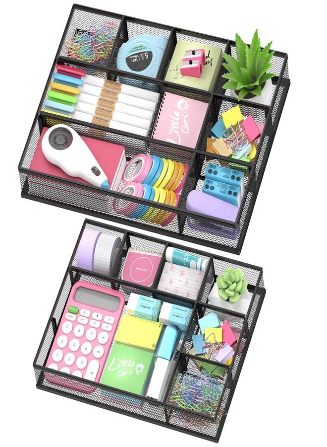 SUPEASY 2 Pack Mesh Drawer Organizer, Metal Desk Drawer Organizer Tray with 8 Adjustable Compartments, Desk Organizers and Accessories for Office Supplies, Kitchen, Makeup & Vanity (Black) - Image 1