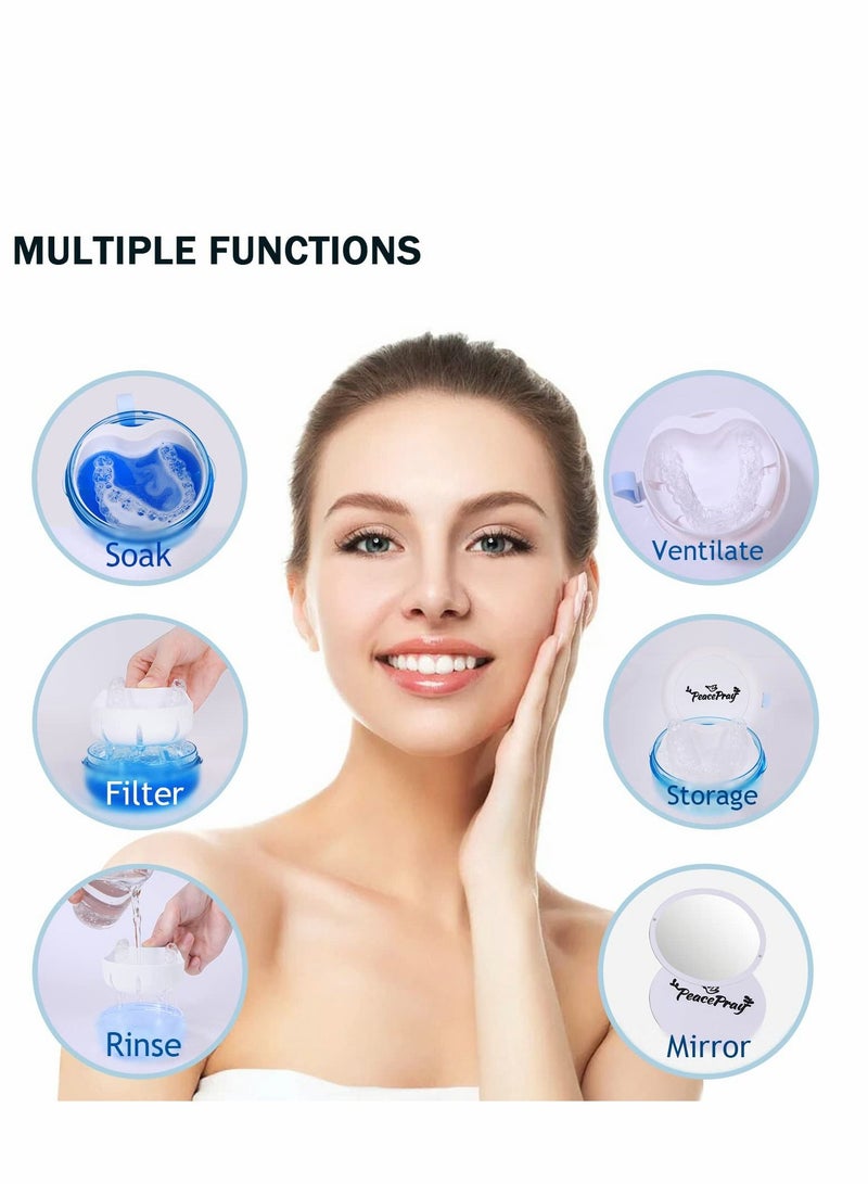 Excefore كوب طقم الأسنان، حافظة واقية مانعة للتسرب بنسبة 100% لنقع أقراص التنظيف، غطاء لولبي ممتاز لكوب طقم الأسنان مع مصفاة ومرآة وحبل، محمول للحمل في الجيب - Image 3