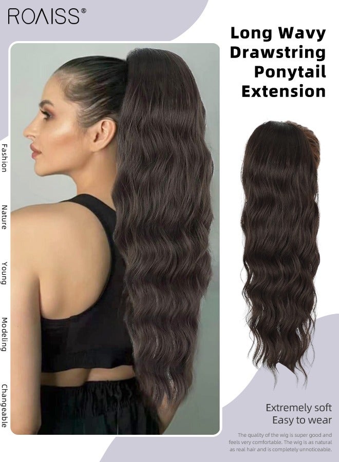 roaiss Long Wavy Drawstring Ponytail Extension for Women Synthetic Ponytail Hair Extensions Natural Soft Hair Pieces for Daily Party Use 60cm (24 inches) - Brown Black - Image 1