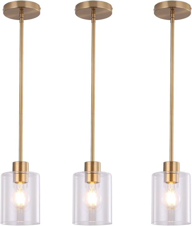 KLSS Brass Pendant Lights Kitchen Island - Gold Clear Glass Pendant Light Fixture Multiple Stems Rods 3 Units 12 Inch 3 Units 4 Inch (3 Pack Brass) - Image 1