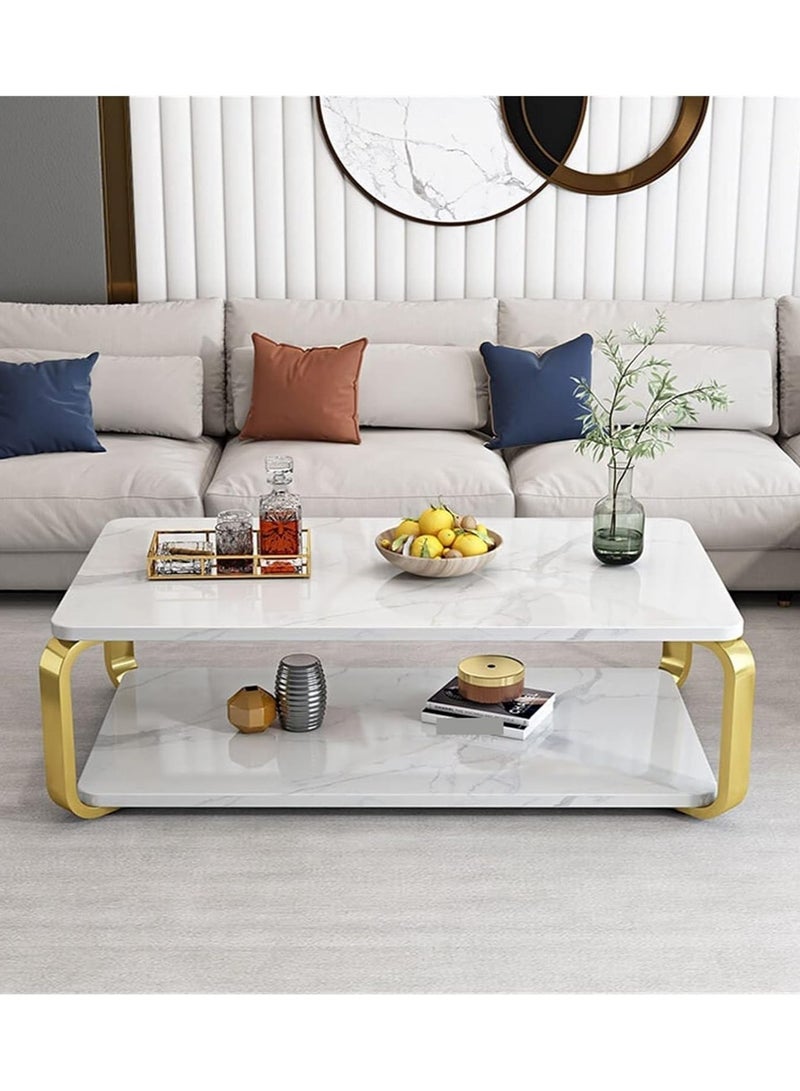 DubaiGallery 2 Tier White Side Table, Golden Iron Living Room Coffee Table Round Coffee Table Sofa Side Table Bedroom Bedside Table - Image 1