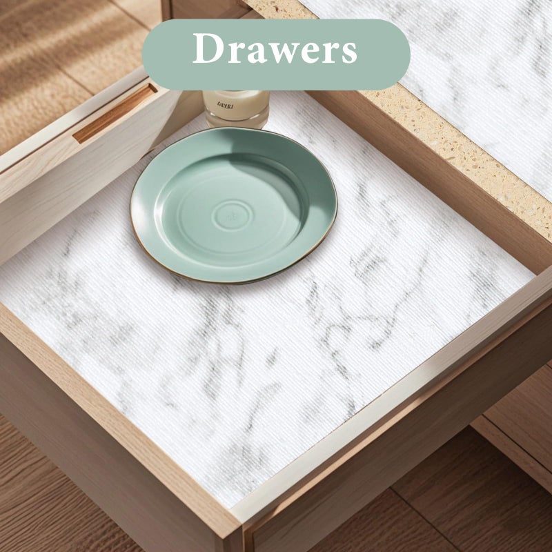 Kimhan 2-Layer Drawer and Shelf Liner for Kitchen Cabinet: 12 in X 20 Ft Non Slip Waterproof Shelf Paper Non Adhesive Refrigerator Liners White Marble Easy Liners for Bathroom with Knife Tape Measure - Image 3