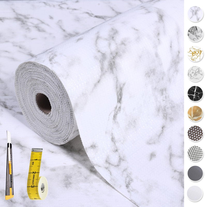 Kimhan 2-Layer Drawer and Shelf Liner for Kitchen Cabinet: 12 in X 20 Ft Non Slip Waterproof Shelf Paper Non Adhesive Refrigerator Liners White Marble Easy Liners for Bathroom with Knife Tape Measure - Image 1