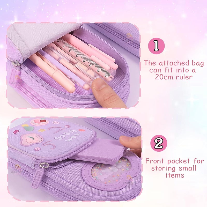 Wish key حافظة أقلام مميزة للفتيات بسعة كبيرة 6 طبقات 3 حجرات حافظة أقلام لطيفة بتصميم جمالي منظم للقرطاسية للمدرسة للأطفال صندوق أقلام متعدد الاستخدامات للفتيات هدية عيد ميلاد دب أرجواني - Image 5