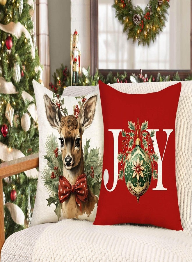 4TH Emotion Christmas Pillow Covers 18x18 Set of 4 Red White Farmhouse Xmas Decorations Snowman Deer Joy Winter Holiday Decor Throw Cushion Case for Home Couch S24C04 - Image 4
