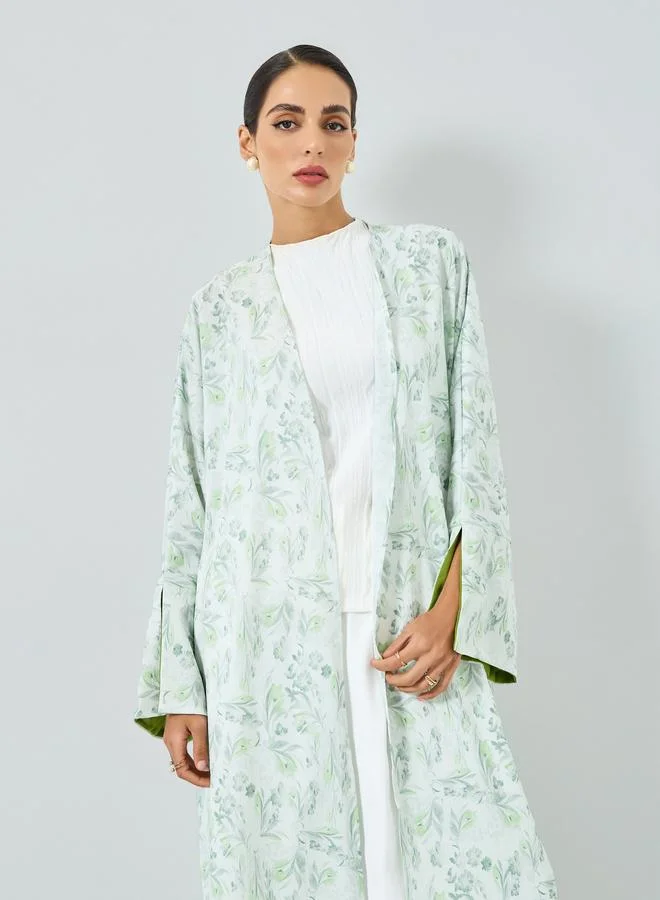 تايك تو عباية بطبعة زهور وأكمام طويلة