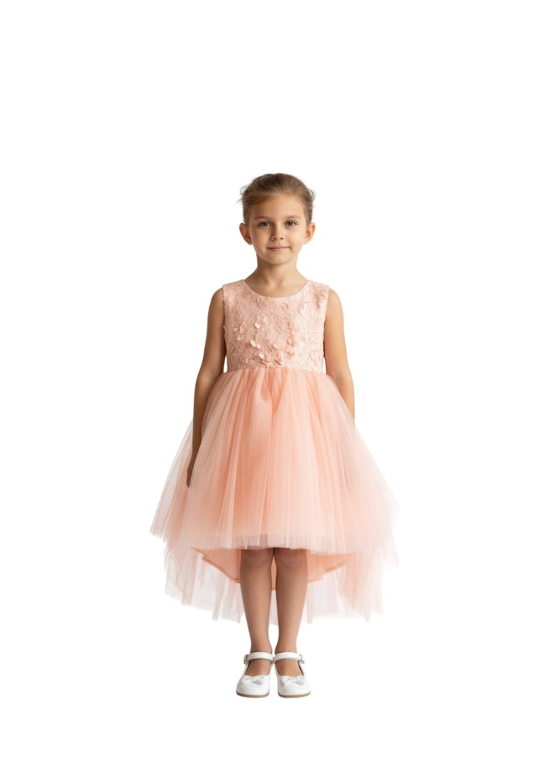 دىدانيالا فستان سهرة تول بقصّة عالي-منخفض بلون زهر الخوخ - Image 1