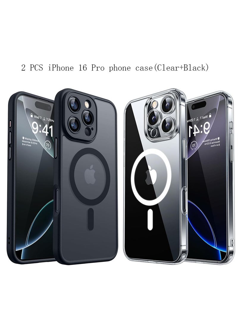 2 PCS Magnetic compatible iPhone 16 Pro phone case, upgraded [full camera protection] [Magsafe compatible] [semi transparent matte] shock resistant protection phone case cover 6.3 inches -transparent, black - Image 1