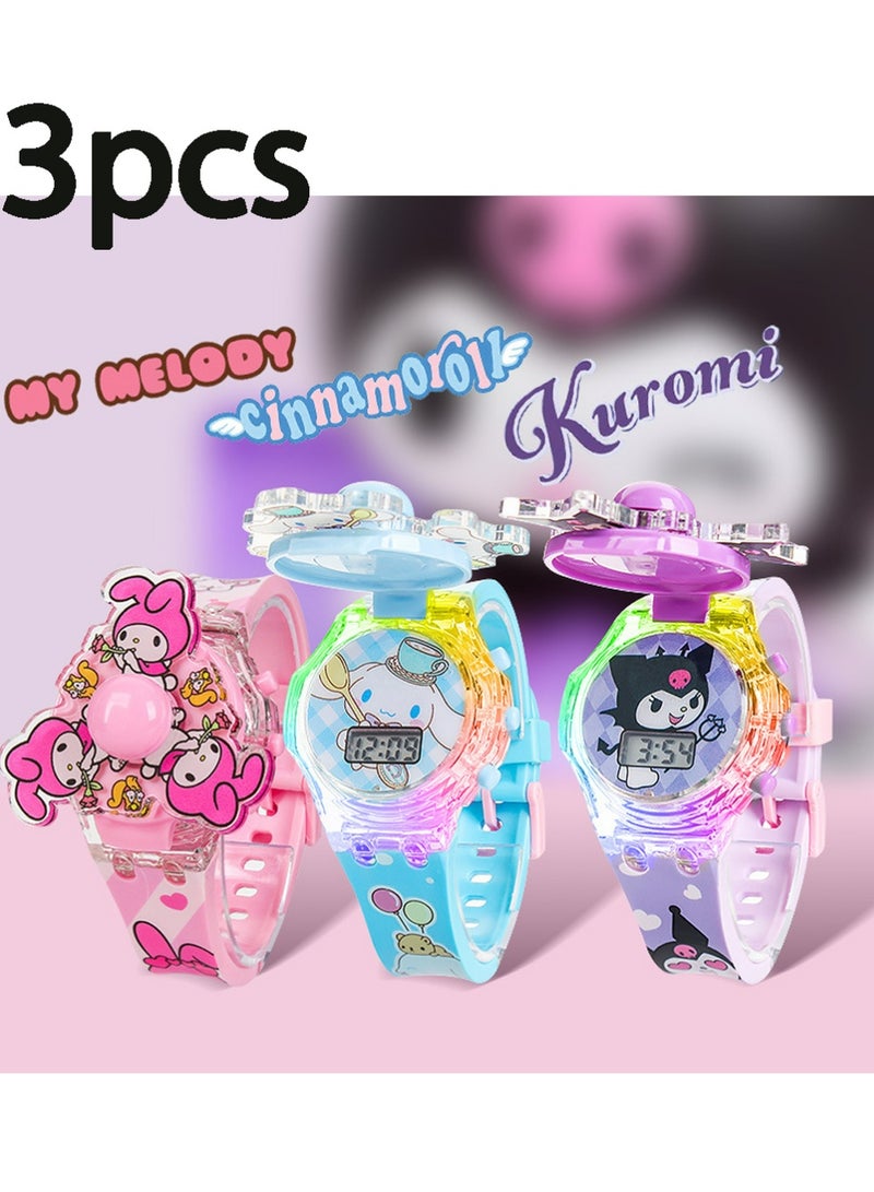 PULUZ 3 Pcs Cartoon Children's Watch, Children's Watch Toy with Light Effect, Kids Electronic Watch with Music, Flip-top Cartoon Watch for Kids - Image 1