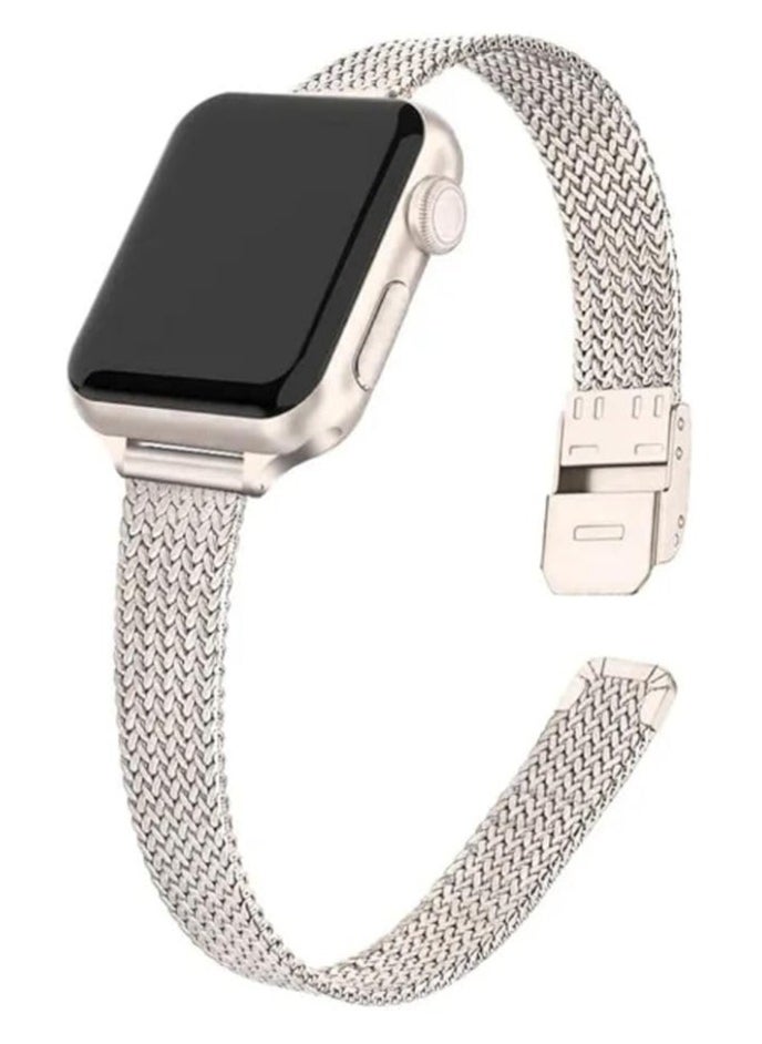 O Ozone - Slim Metal Straps Compatible With Apple Watch Series 10 | Ultra 2 | 8 Ultra | 9 | 8 | 7 | 6 Thin Narrow Stainless Steel Milanese Replacement Strap for Women- Silver - Starlight - Image 1