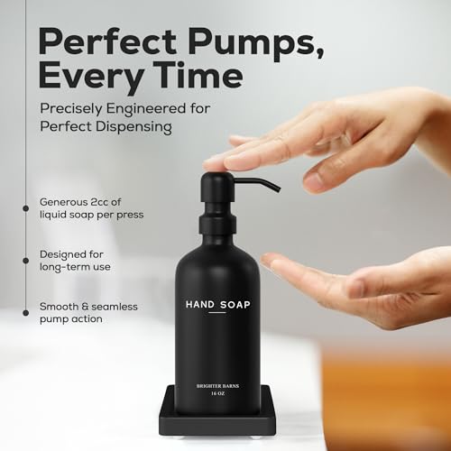 Brighter Barns Black Glass Soap and Lotion Dispenser Set with Tray by Brighter Barns - Hand Soap Dispenser Bathroom Set & Stainless Steel Pump for Home - Modern Bathroom Accessories, Modern Decor (Black) - Image 4