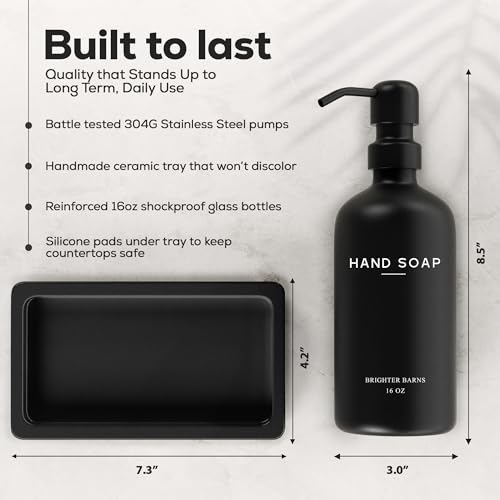 Brighter Barns Black Glass Soap and Lotion Dispenser Set with Tray by Brighter Barns - Hand Soap Dispenser Bathroom Set & Stainless Steel Pump for Home - Modern Bathroom Accessories, Modern Decor (Black) - Image 3