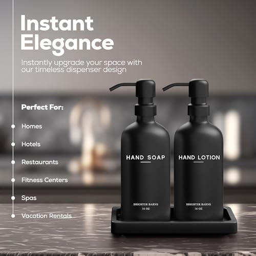 Brighter Barns Black Glass Soap and Lotion Dispenser Set with Tray by Brighter Barns - Hand Soap Dispenser Bathroom Set & Stainless Steel Pump for Home - Modern Bathroom Accessories, Modern Decor (Black) - Image 2