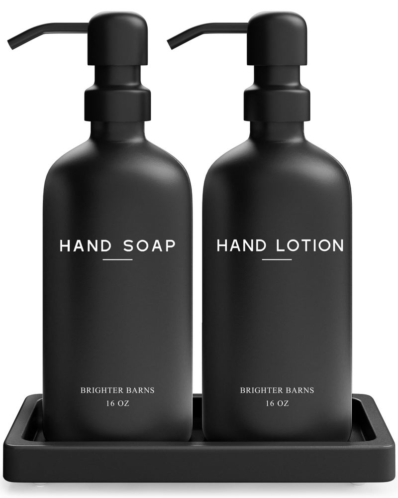 Brighter Barns Black Glass Soap and Lotion Dispenser Set with Tray by Brighter Barns - Hand Soap Dispenser Bathroom Set & Stainless Steel Pump for Home - Modern Bathroom Accessories, Modern Decor (Black) - Image 1