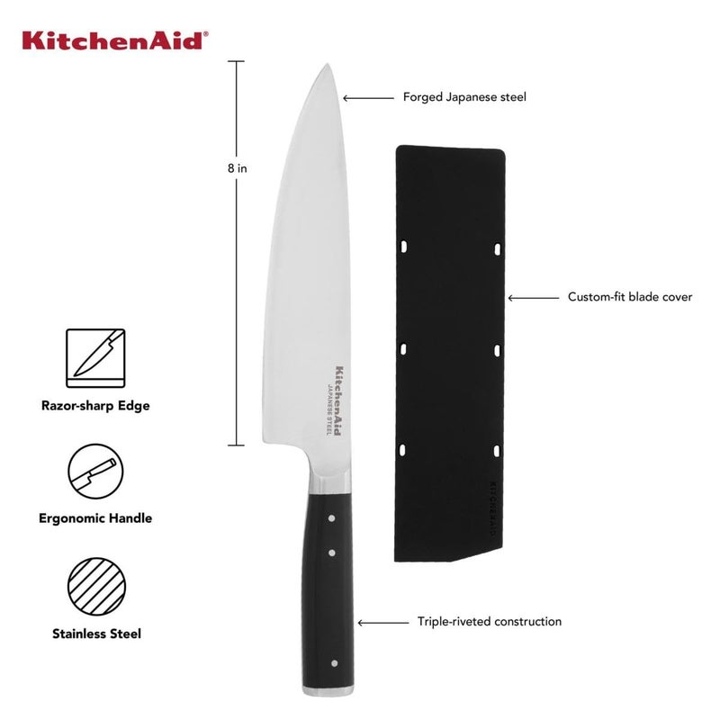 KitchenAid Gourmet Forged Triple Rivet Chef Knife with Custom-Fit Blade Cover, 8-inch, Sharp Kitchen Knife, High-Carbon Japanese Stainless Steel Blade, Black - Image 5