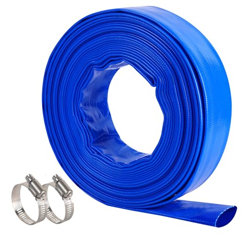 Geowaky 2.5" x 50 FT Pool Backwash Hose, Blue Heavy Duty Reinforced PVC Lay Flat Water Discharge Hose for Swimming Pool Filter Pump,with 2 Clamp - Image 1