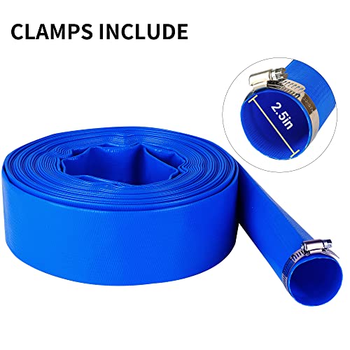 Geowaky 2.5" x 50 FT Pool Backwash Hose, Blue Heavy Duty Reinforced PVC Lay Flat Water Discharge Hose for Swimming Pool Filter Pump,with 2 Clamp - Image 4