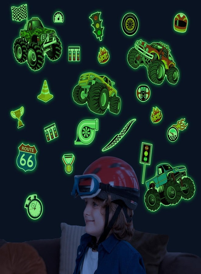 Robmoda Glow in The Dark Racing Car Wall Stickers, Truck Kids Bedrooms Wall Decals, Racing Theme Big Foot Truck Ceiling Decor, Nursery Classroom Playroom Home Decor Gifts - Image 1