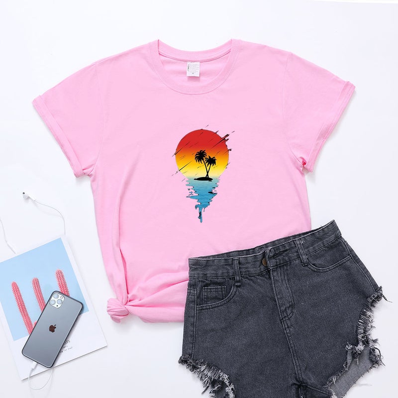 Spot 2023 European and American Sunset Beautiful Pattern Casual Women's Top Coconut Tree Printed Short Sleeve Women's T-Shirt - Image 1