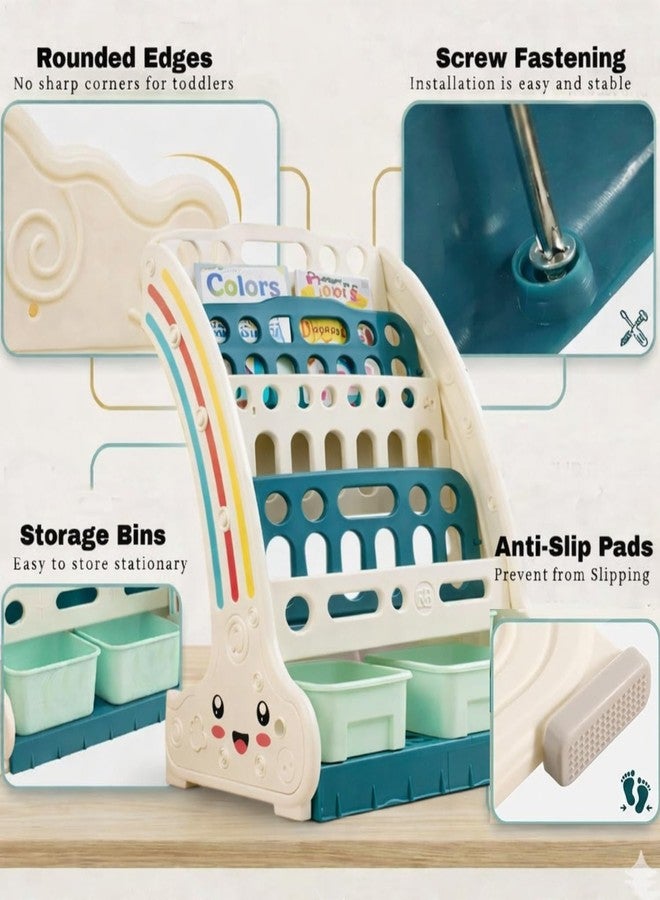 Metreno 4 Rack Book Shelf for Kids Room Plastic Kids Book Shelf Rack for Home Small Bookshelf for Babies Babies Toy Storage Organiser with Bin Toddler Books Rack (Multicolor) - Image 3