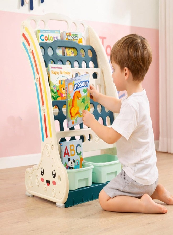 Metreno 4 Rack Book Shelf for Kids Room Plastic Kids Book Shelf Rack for Home Small Bookshelf for Babies Babies Toy Storage Organiser with Bin Toddler Books Rack (Multicolor) - Image 1