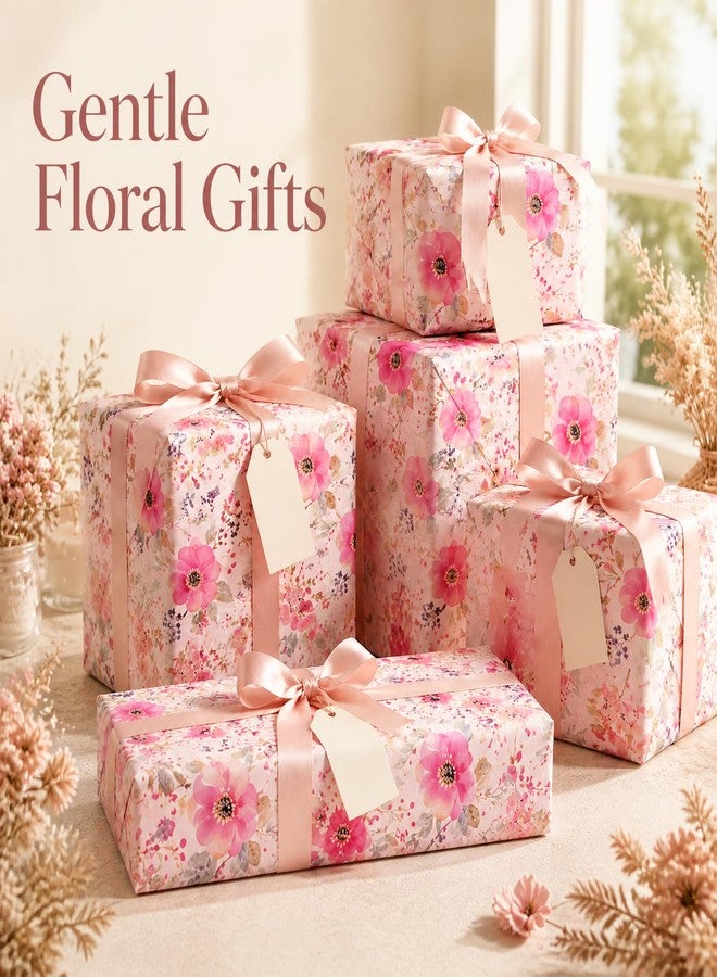 Ulmasinn Pink Floral Wrapping Paper Roll, Reversible Watercolor Flower Gift Wrap, 17in x 16.4ft Thick Wrapping Paper for Mother's Day, Birthday, Wedding, Bridal Shower, Baby Shower, Spring Gifts for Women Girls - Image 2