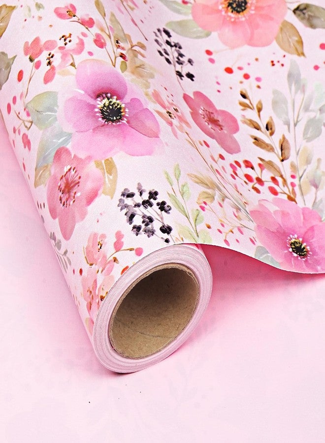 Ulmasinn Pink Floral Wrapping Paper Roll, Reversible Watercolor Flower Gift Wrap, 17in x 16.4ft Thick Wrapping Paper for Mother's Day, Birthday, Wedding, Bridal Shower, Baby Shower, Spring Gifts for Women Girls - Image 1