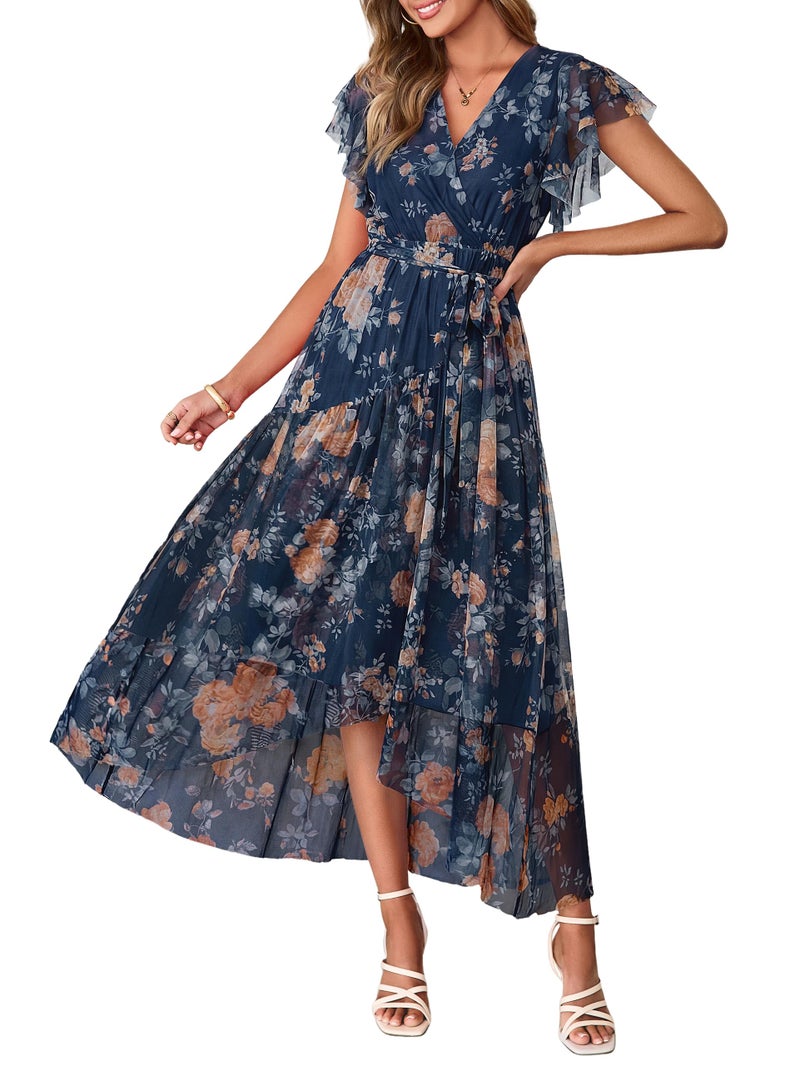 Simplee Womens Summer Floral Boho Maxi Dress 2026 Flutter Sleeve Print Ruffle Mesh Midi Vacation Wedding Guest Dress(Ink Blue M) - Image 1