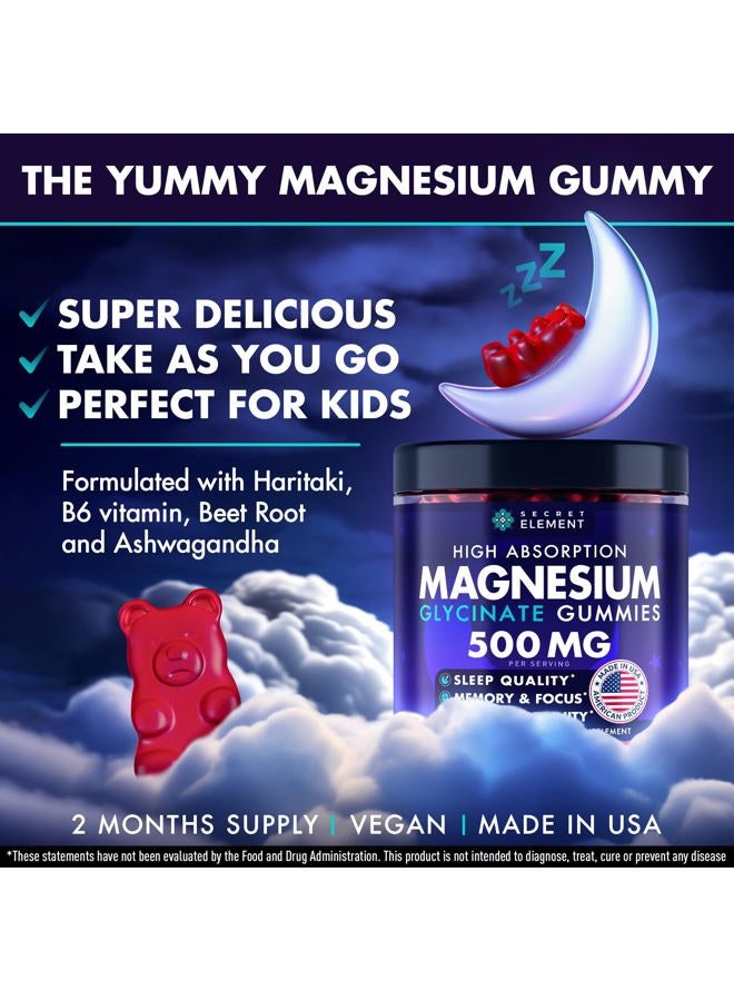 SECRET ELEMENT Magnesium Glycinate 500MG Gummies, High Absorption Supplement with Ashwagandha, Beet Root, Vitamin B6, Turmeric & Zinc, Sugar-Free, Vegan, Chews for Men & Women, 60 Gummies, Cherry Flavor - Image 2