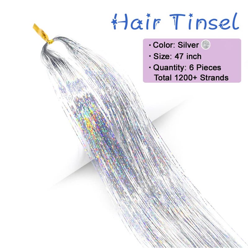 MISSUHUI Hair Tinsel Kit With Tools 48 Inch 1200 Strands Glitter Tinsel Hair Extensions Sparkling Shiny Hair Tinsel Strands Kit Heat Resistant for Women Girls 6Pcs (Silver) - Image 2