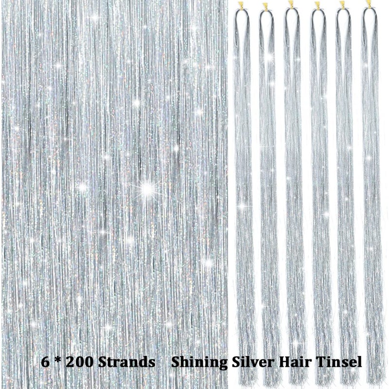 MISSUHUI Hair Tinsel Kit With Tools 48 Inch 1200 Strands Glitter Tinsel Hair Extensions Sparkling Shiny Hair Tinsel Strands Kit Heat Resistant for Women Girls 6Pcs (Silver) - Image 5