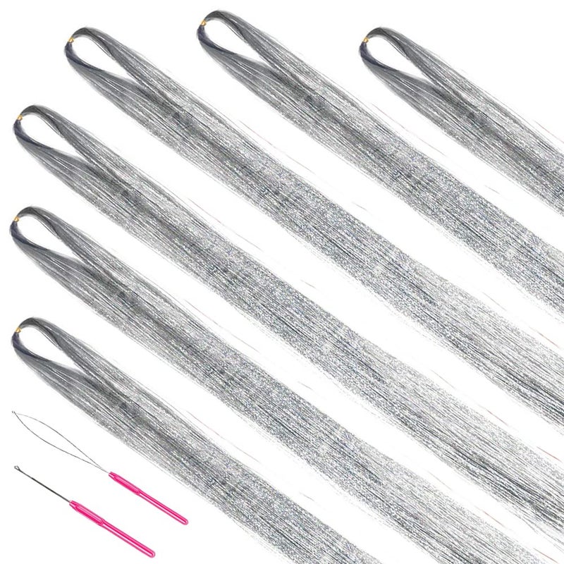 MISSUHUI Hair Tinsel Kit With Tools 48 Inch 1200 Strands Glitter Tinsel Hair Extensions Sparkling Shiny Hair Tinsel Strands Kit Heat Resistant for Women Girls 6Pcs (Silver) - Image 3