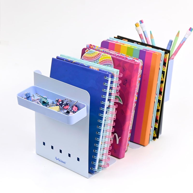 Articious Adjustable Bookend Organizer with Pen Holder | Expandable Desk Bookshelf for Office, Study, and Home | Book Rack Stand for Books, Files & Stationery (Extends Up to 17 Inches) - Blue - Image 3