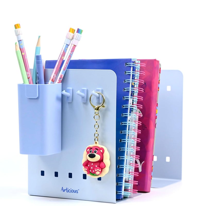 Articious Adjustable Bookend Organizer with Pen Holder | Expandable Desk Bookshelf for Office, Study, and Home | Book Rack Stand for Books, Files & Stationery (Extends Up to 17 Inches) - Blue - Image 1