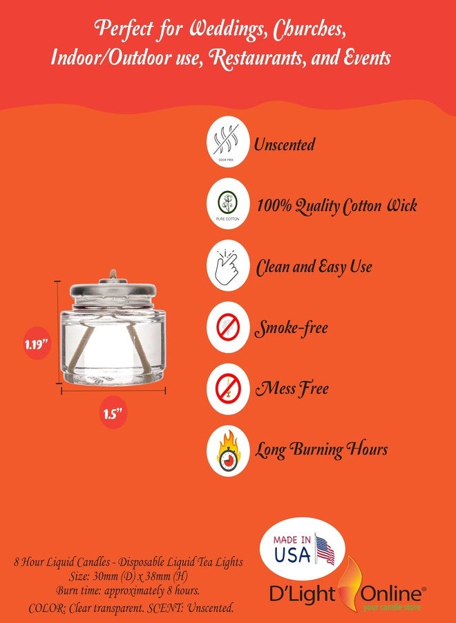 D'light Online HD8-90 Liquid Wax Disposable Clear 8 Hour Liquid Tealight Fuel Cell Oil Candle Cartridge Disposable Liquid Paraffin Smokeless Odorless | Clear Fuel Oil Shabbos Candles - Set of 90 - Image 2