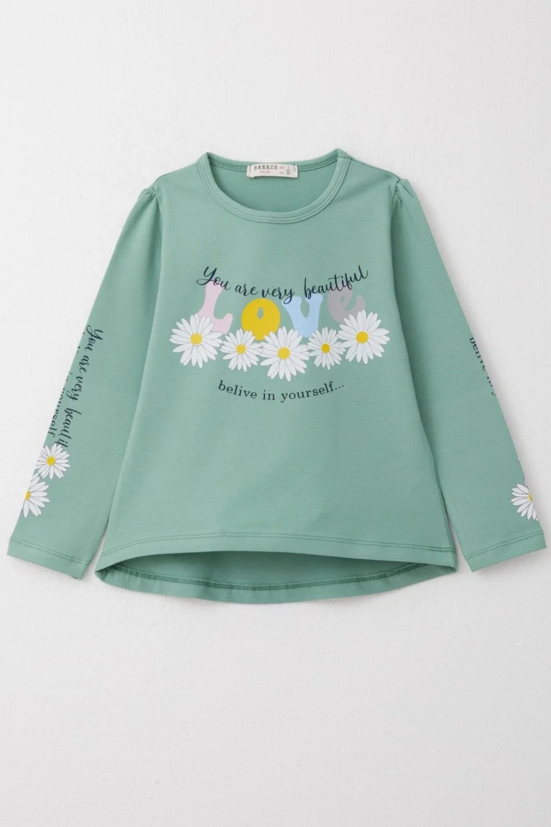 Breeze Girls Long Sleeve T-Shirt Colorful Text Printed Floral 3-8 Years, Mint Green