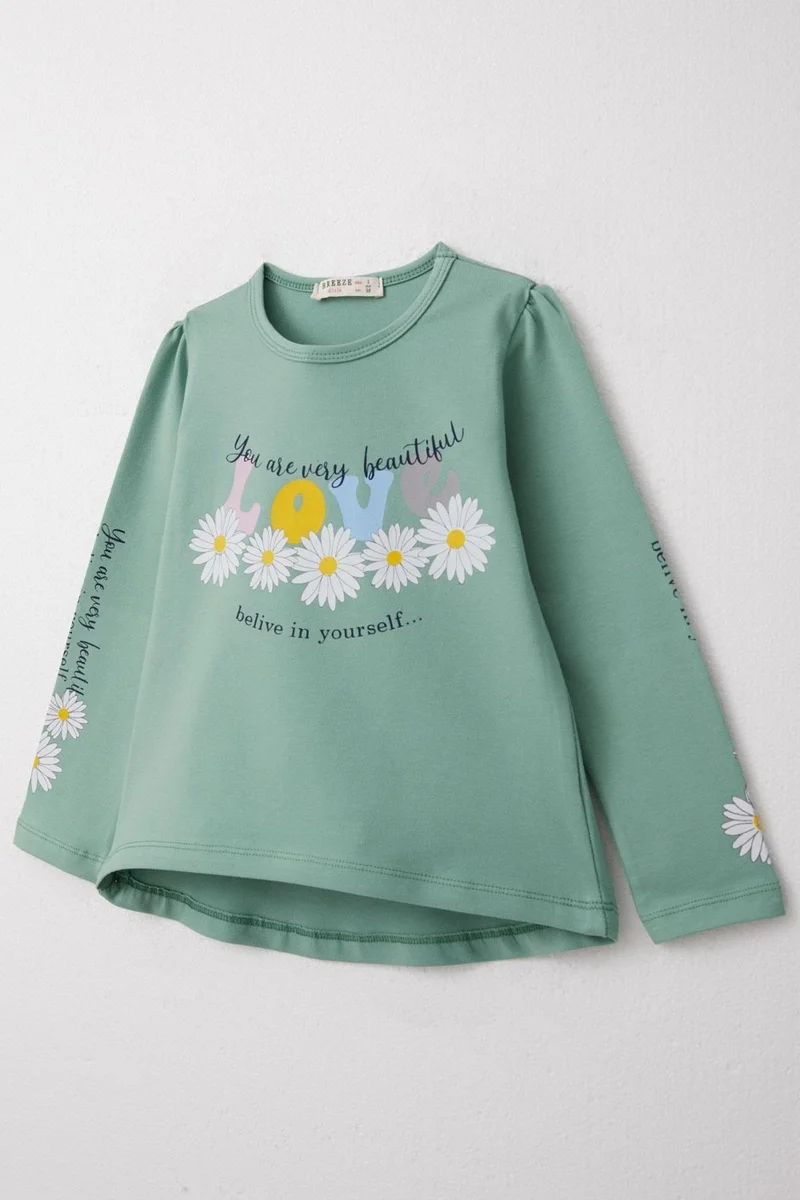 Breeze Girls Long Sleeve T-Shirt Colorful Text Printed Floral 3-8 Years, Mint Green