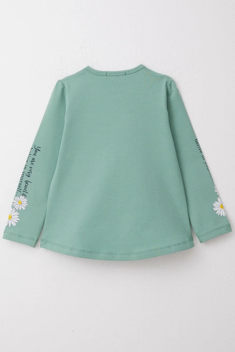 Breeze Girls Long Sleeve T-Shirt Colorful Text Printed Floral 3-8 Years, Mint Green