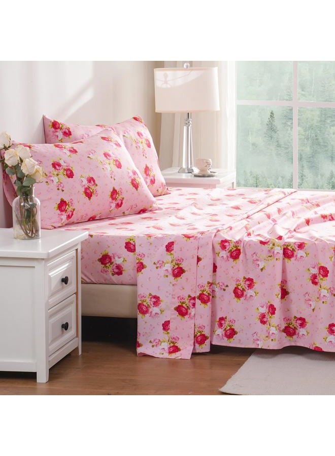 Bedlifes Queen Sheet Set Ultra Soft, Breathable, Silky Flower Deep Pocket 100% Microfiber Bedding, 4 Piece Queen Size Pink Floral(Red Rose) - Image 4