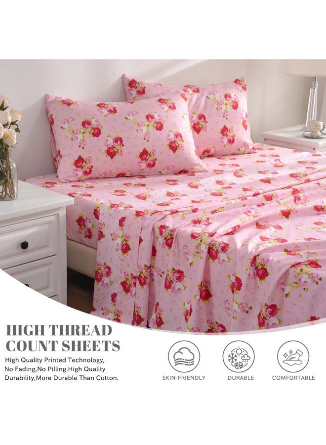 Bedlifes Queen Sheet Set Ultra Soft, Breathable, Silky Flower Deep Pocket 100% Microfiber Bedding, 4 Piece Queen Size Pink Floral(Red Rose) - Image 3