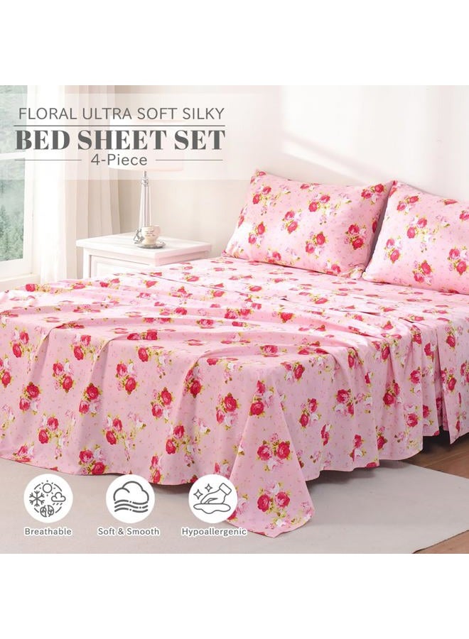Bedlifes Queen Sheet Set Ultra Soft, Breathable, Silky Flower Deep Pocket 100% Microfiber Bedding, 4 Piece Queen Size Pink Floral(Red Rose) - Image 2