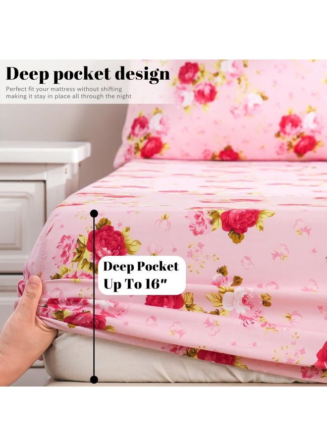 Bedlifes Queen Sheet Set Ultra Soft, Breathable, Silky Flower Deep Pocket 100% Microfiber Bedding, 4 Piece Queen Size Pink Floral(Red Rose) - Image 5