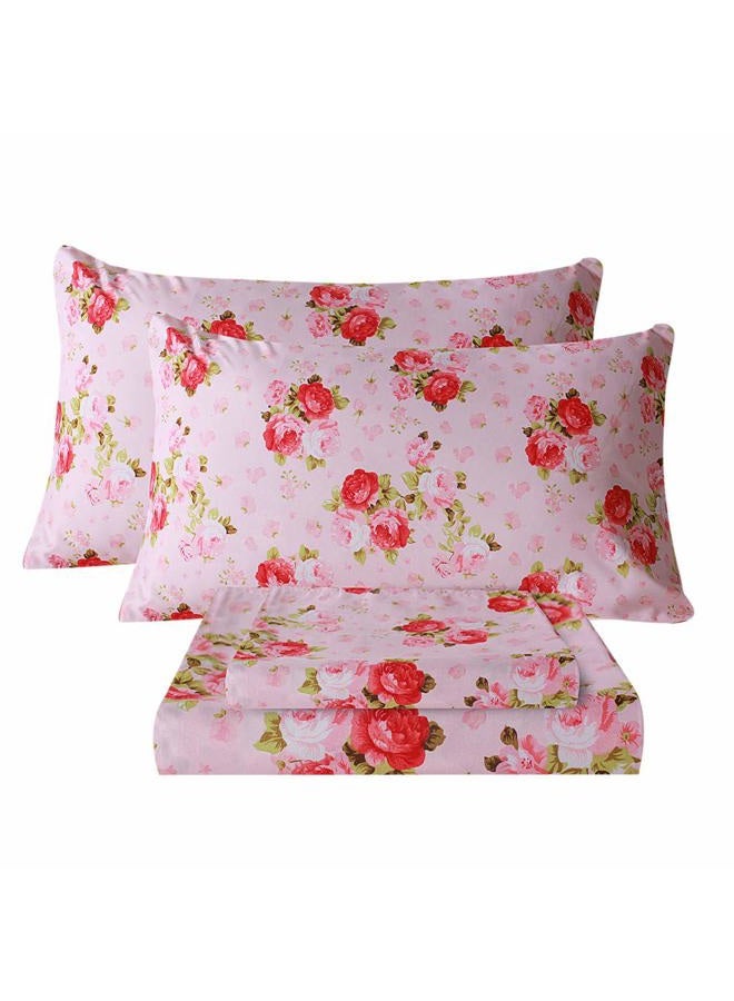 Bedlifes Queen Sheet Set Ultra Soft, Breathable, Silky Flower Deep Pocket 100% Microfiber Bedding, 4 Piece Queen Size Pink Floral(Red Rose) - Image 1