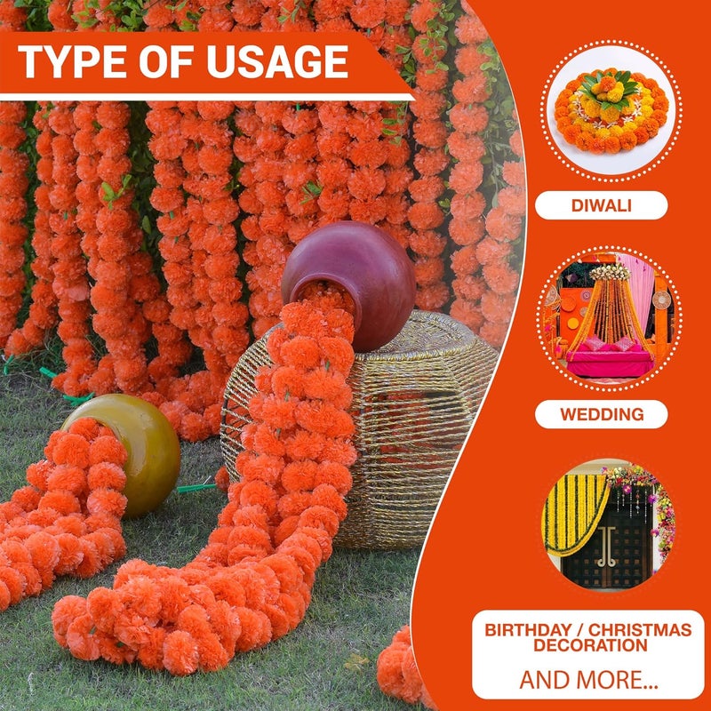 OUTRANK Marigold Artificial Flowers for Decoration Long Garland Perfect for Diwali Decoration Navratri Pooja Home Inauguration Temple Wedding5 Feet Long 10 Pcs with 2 Diya Dark Orange - Image 3