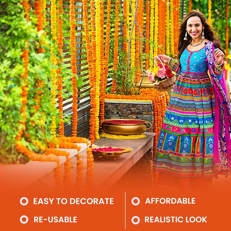 OUTRANK Marigold Artificial Flowers for Decoration Long Garland Perfect for Diwali Decoration Navratri Pooja Home Inauguration Temple Wedding5 Feet Long 10 Pcs with 2 Diya Dark Orange - Image 2