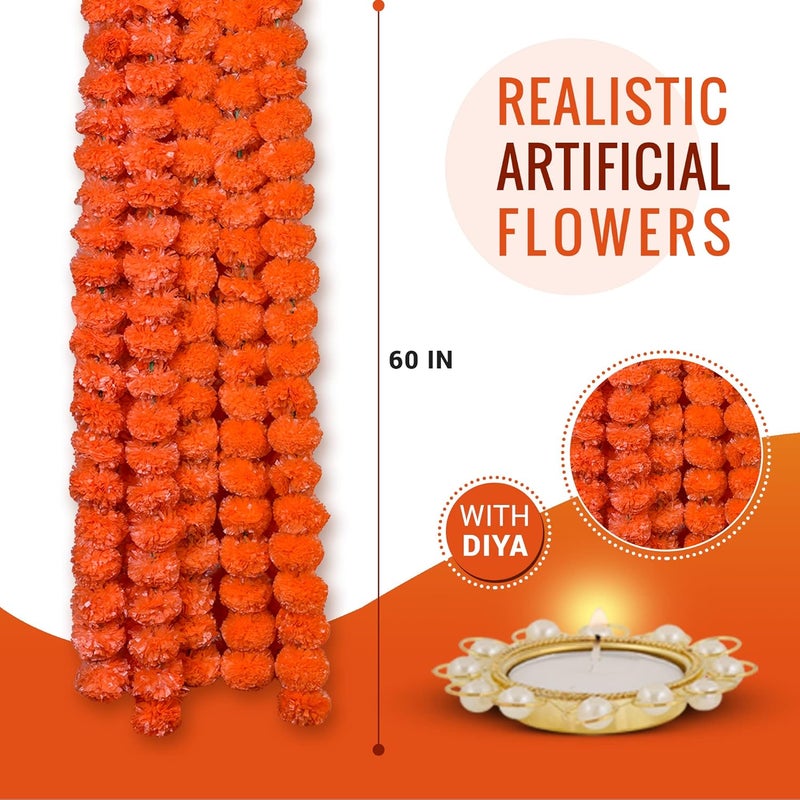 OUTRANK Marigold Artificial Flowers for Decoration Long Garland Perfect for Diwali Decoration Navratri Pooja Home Inauguration Temple Wedding5 Feet Long 10 Pcs with 2 Diya Dark Orange - Image 4