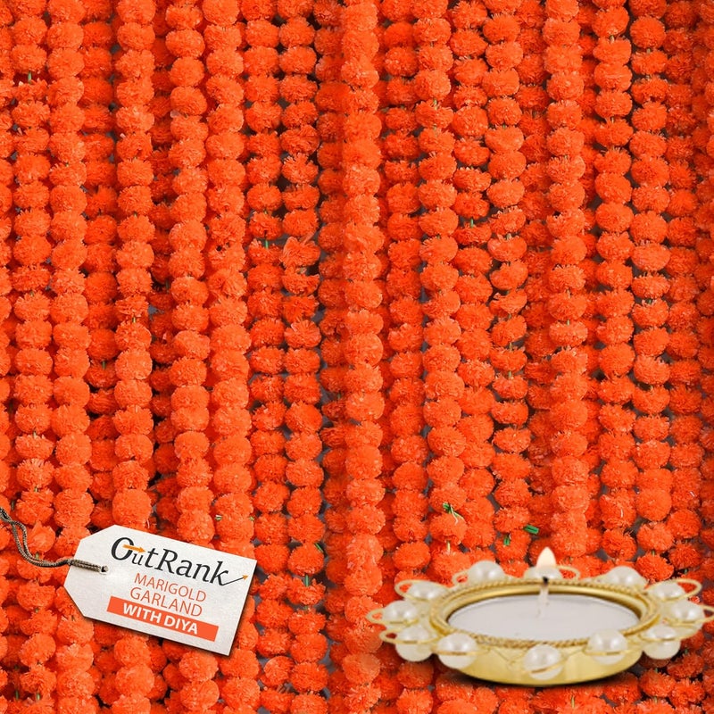 OUTRANK Marigold Artificial Flowers for Decoration Long Garland Perfect for Diwali Decoration Navratri Pooja Home Inauguration Temple Wedding5 Feet Long 10 Pcs with 2 Diya Dark Orange - Image 1